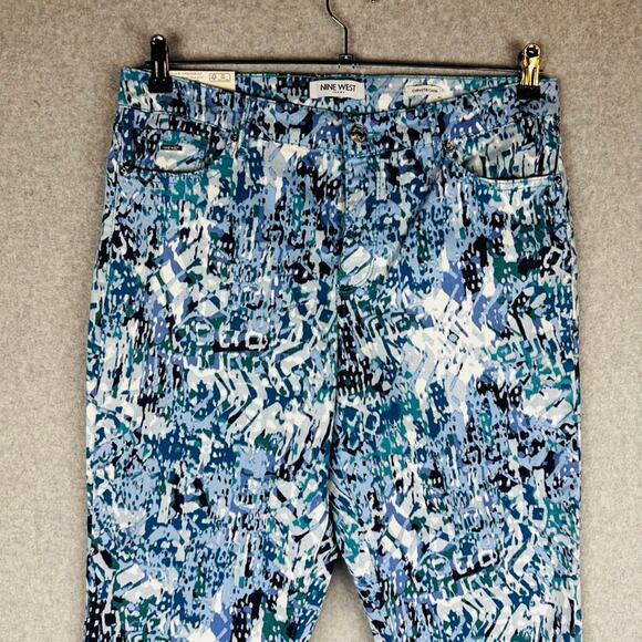 New Nine West Womans Sz 12 Chrystie Capri Pants Abstract Blue Cuffed Stretch NWT - Picture 3 of 9